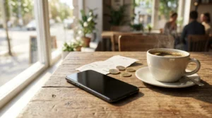 A phone, a receipt and some coins on a café table