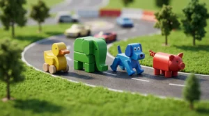 Four blocky toy animals racing across a miniature road