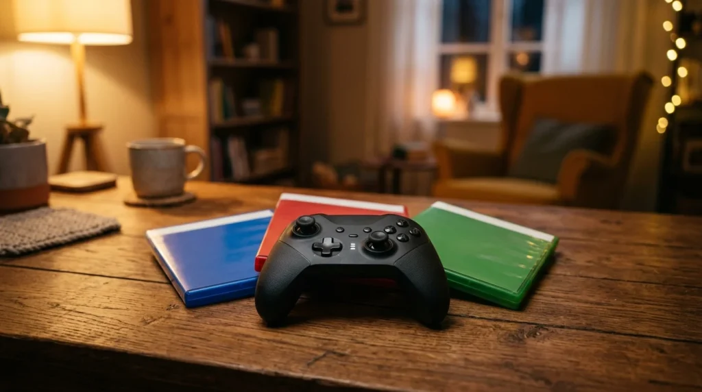 A game controller on a dark table with three blank game cases behind it