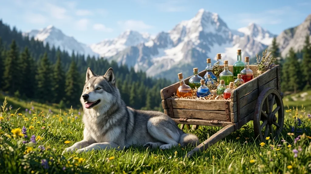 Un perro gris descansando en un prado soleado junto a un carro con frascos de pociones de colores