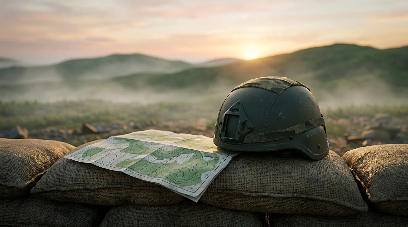 A combat helmet and a map on sandbags at dawn