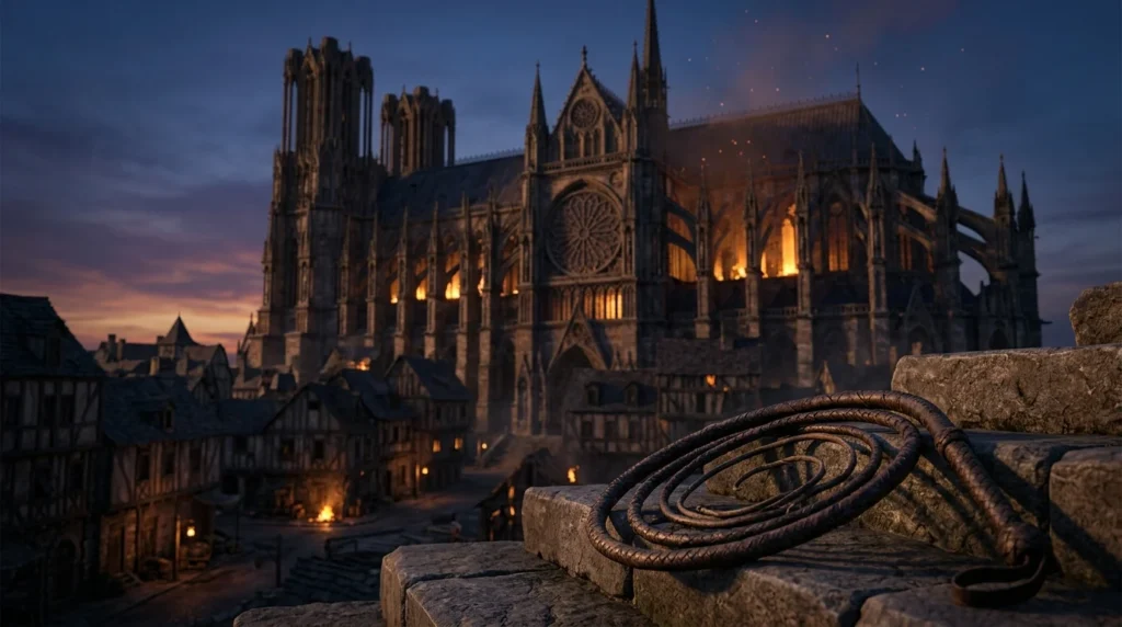 A gothic cathedral at night with a coiled whip on stone steps in the foreground