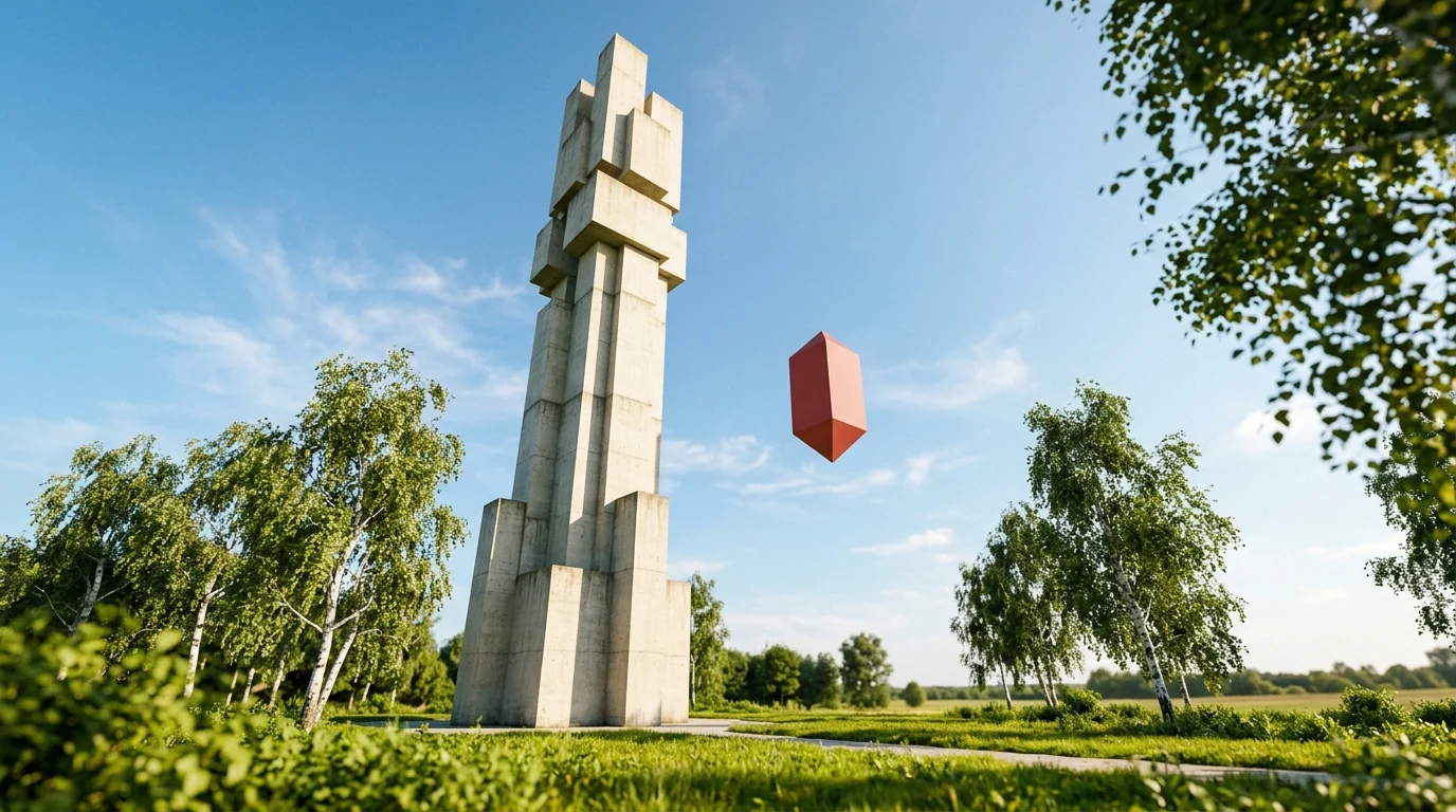 A concrete tower under a blue sky with a red shape floating beside it and birch trees in front