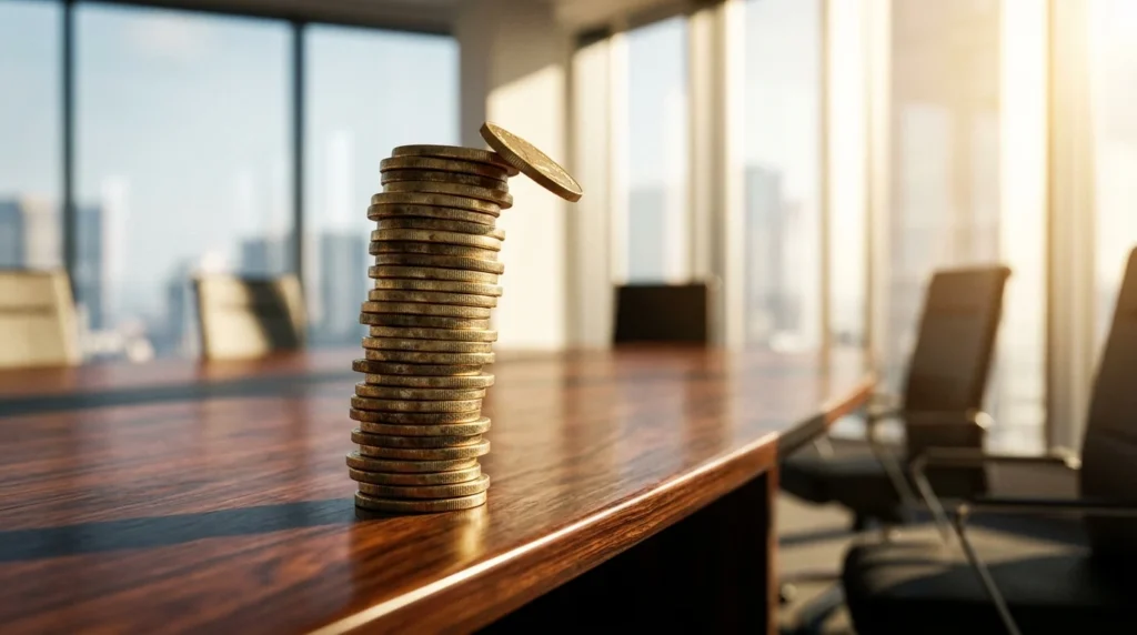 A stack of coins balanced on the edge of a table with one coin falling