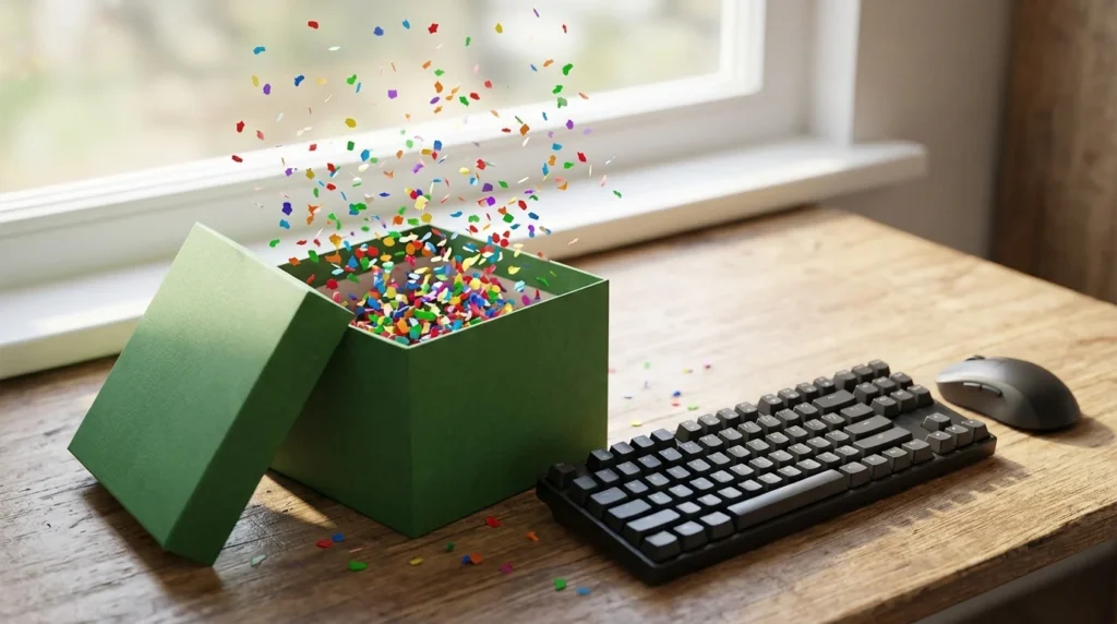 An open gift box with confetti on a desk next to a keyboard