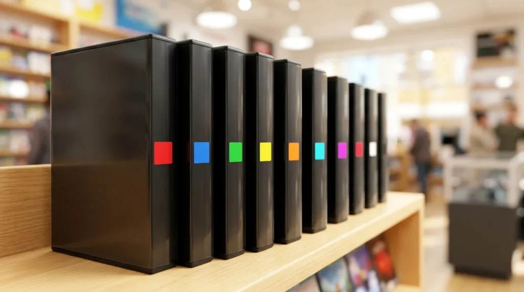 Cajas de juego sin rotular con etiquetas de colores en una estantería de tienda