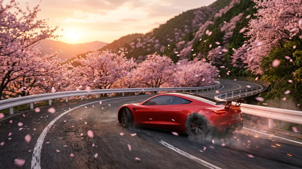 A sports car drifting on a wet mountain road at night