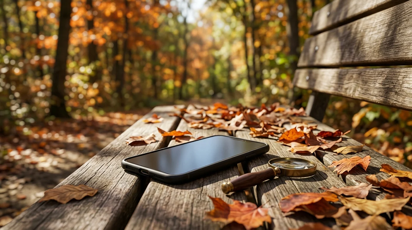 A phone and a magnifying glass on a wooden bench among autumn leaves