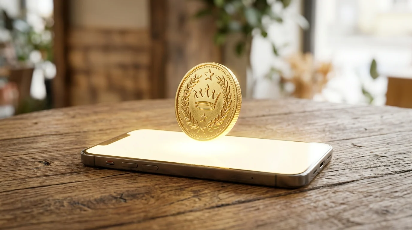 Una moneda saliendo de la pantalla de un teléfono sobre una mesa oscura