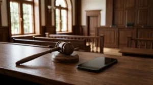 A judge's gavel next to a phone on a courtroom bench