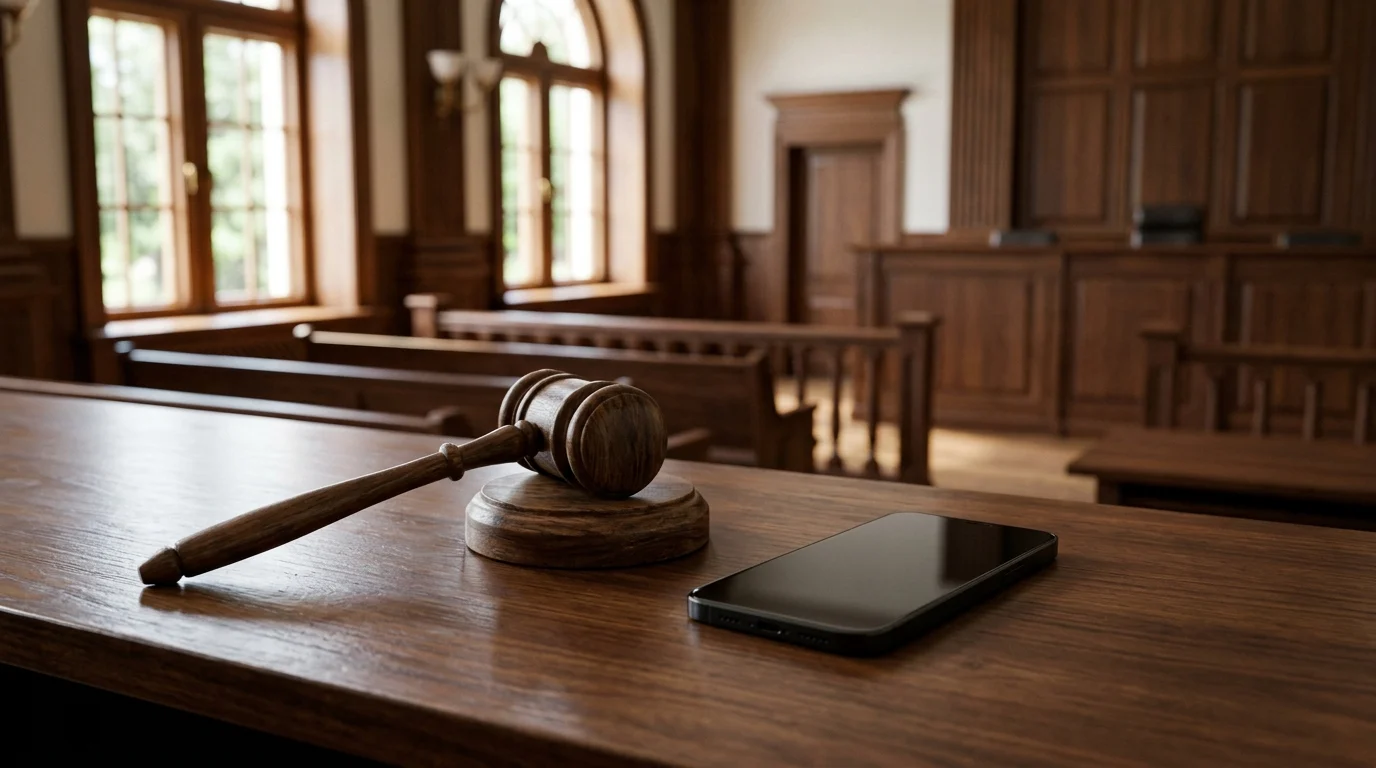 A judge's gavel next to a phone on a courtroom bench