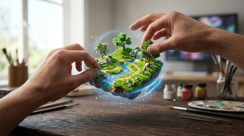 Hands shaping a small floating game level made of light