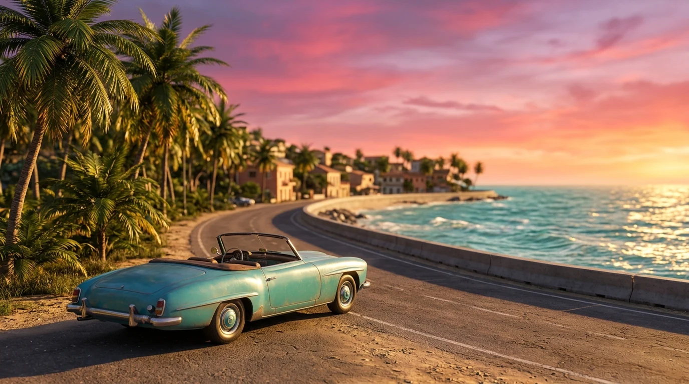 A vintage convertible parked on a palm-lined coastal road at sunset