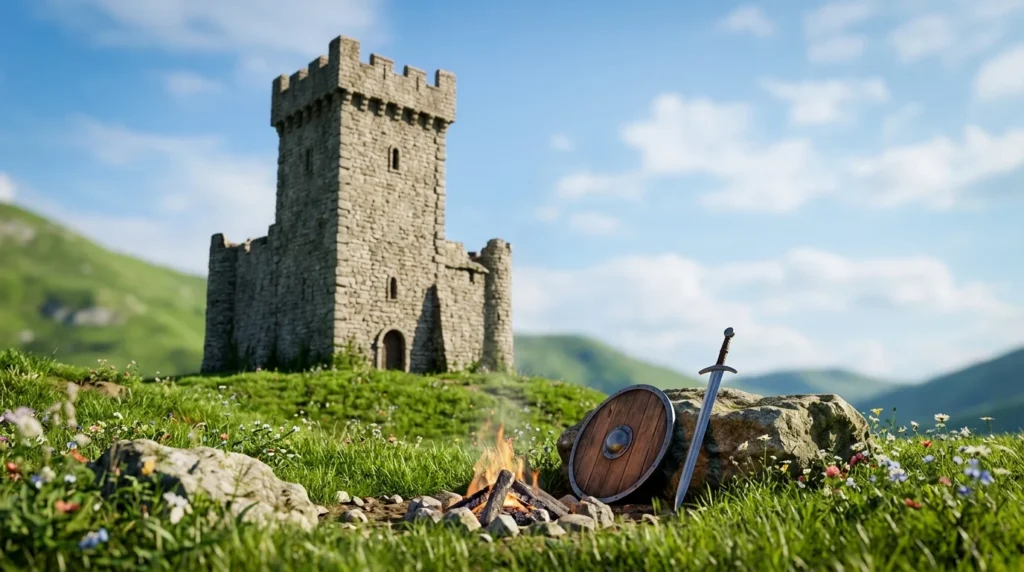 A stone tower on a green hill with a dying campfire and a wooden shield in front