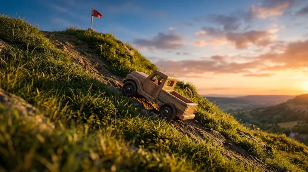 A toy off-road car stopped halfway up a steep grassy hill