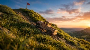 A toy off-road car stopped halfway up a steep grassy hill