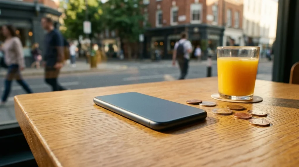 Un móvil sobre la mesa de una cafetería junto a unas monedas y un vaso de zumo