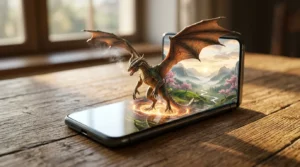 A miniature fantasy wyvern emerging from a phone screen