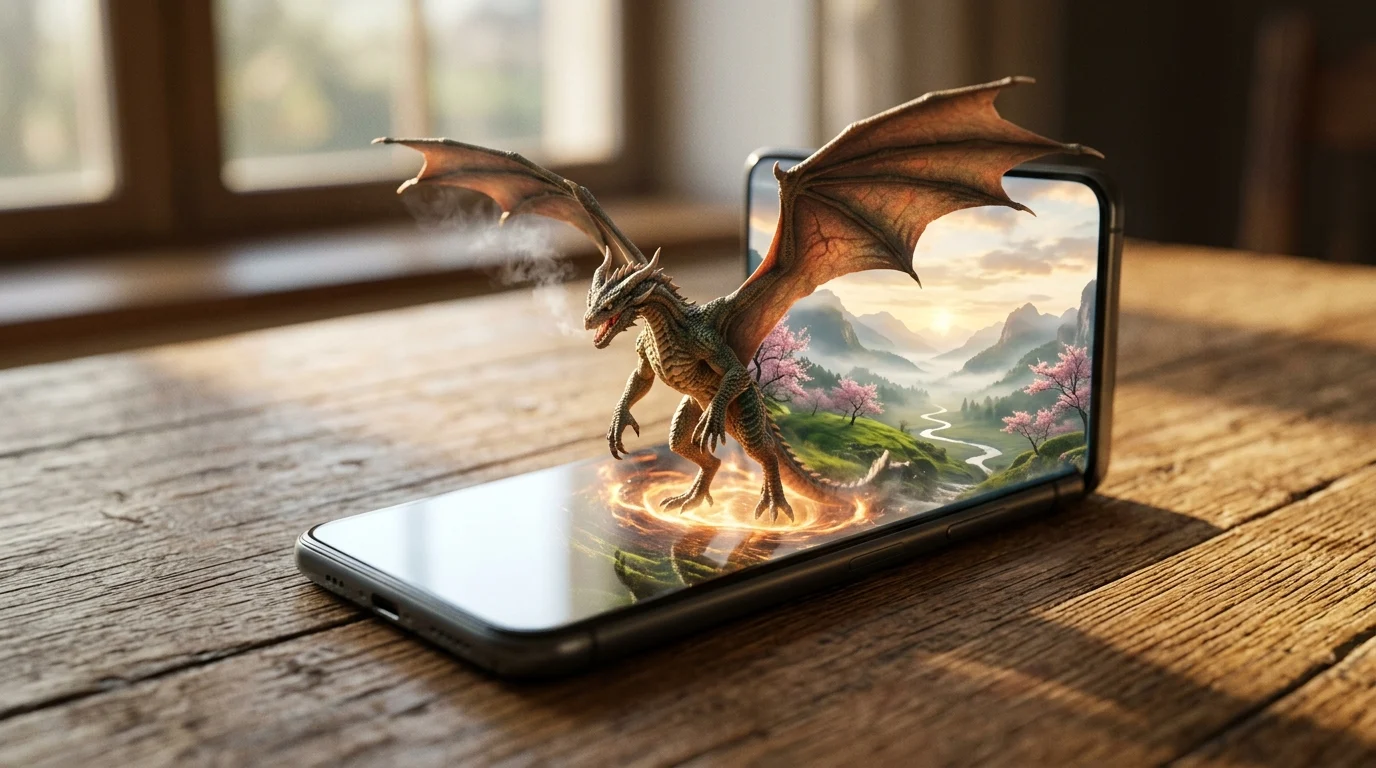 A miniature fantasy wyvern emerging from a phone screen