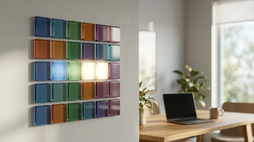 A grid of glass tiles like a calendar with one row lit up