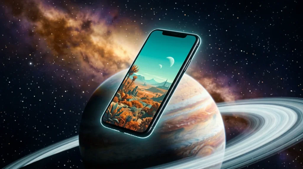 A phone floating in space with a ringed planet visible through its screen