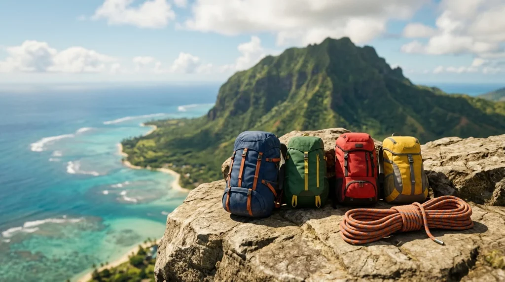 Four hiking backpacks and a climbing rope at the foot of a green mountain on a tropical island