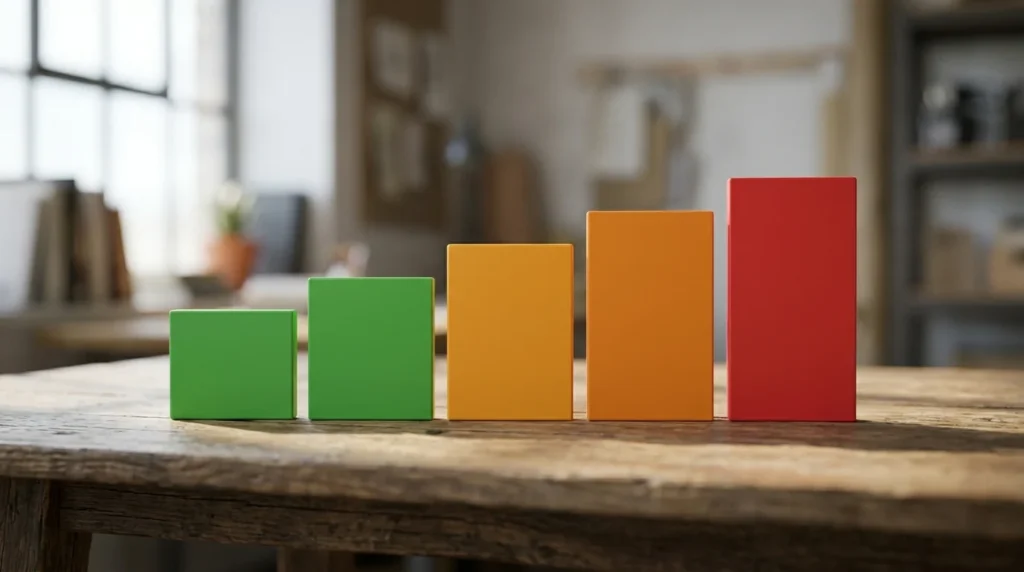 Five blank plaques of increasing size standing in a row