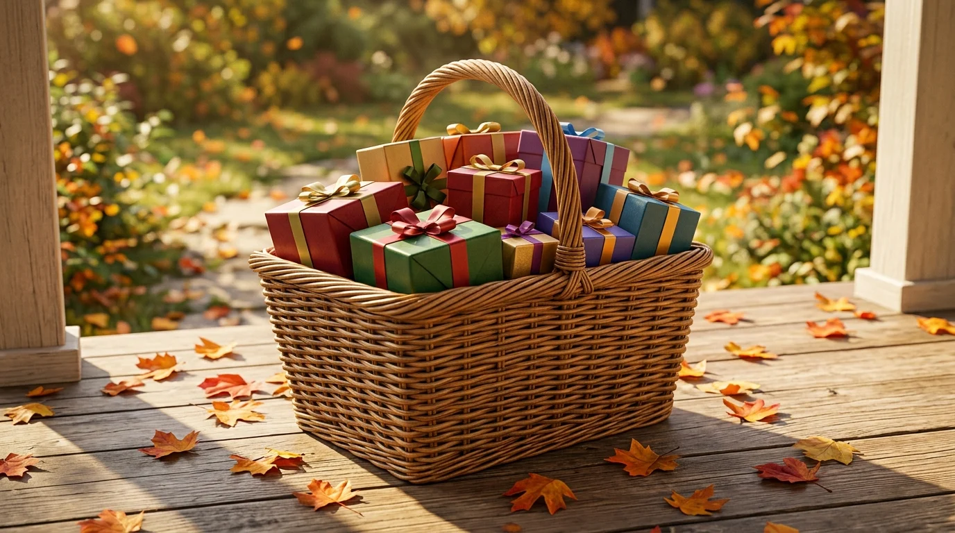 Una cesta de mimbre llena de regalos de colores en un porche soleado con hojas de otoño