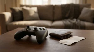 A game controller, a wallet and a receipt on a coffee table