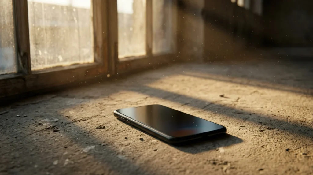 A phone on a concrete floor with its screen going dark