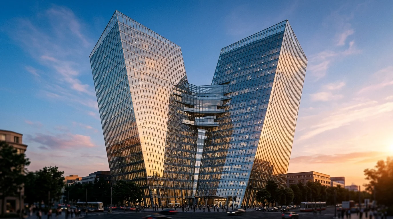 Dos torres oscuras que se funden en una sola estructura