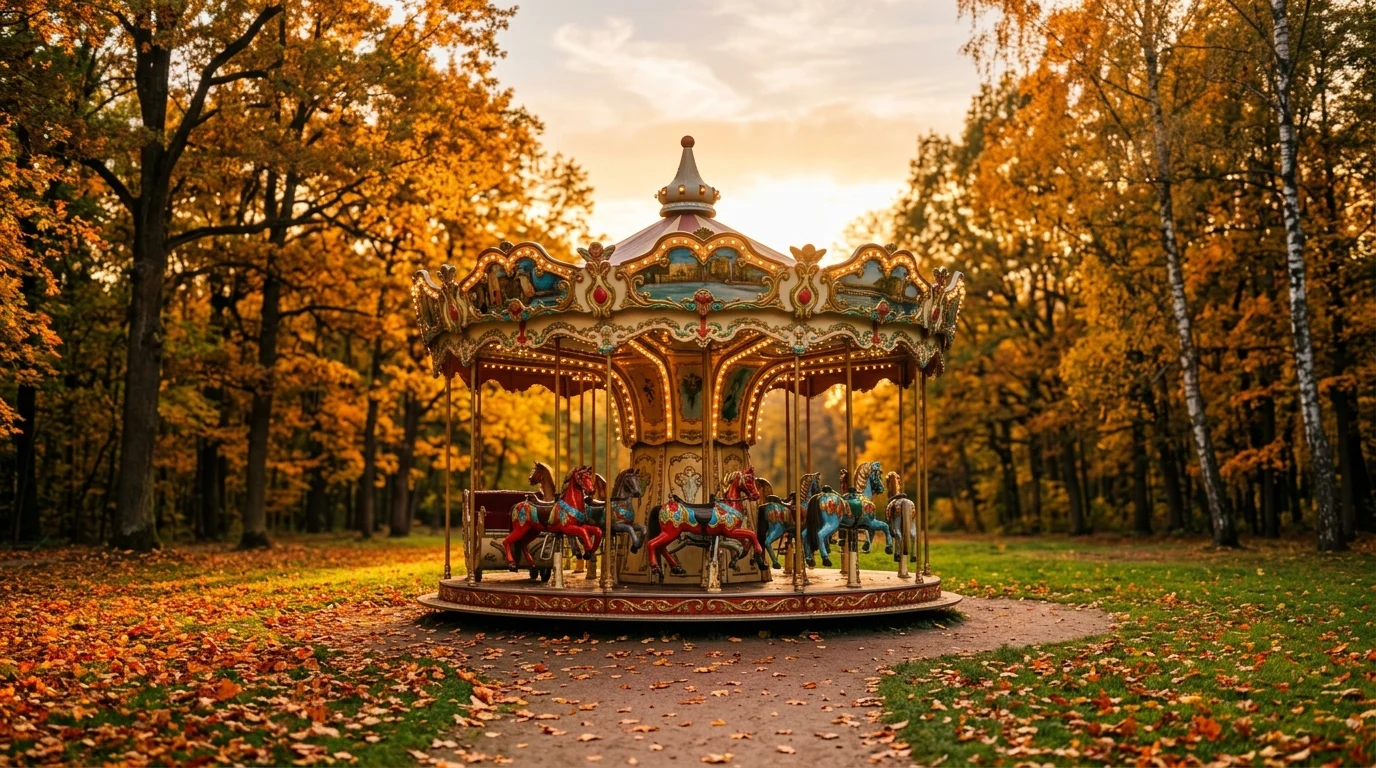 An empty merry-go-round in a park at sunset surrounded by autumn leaves