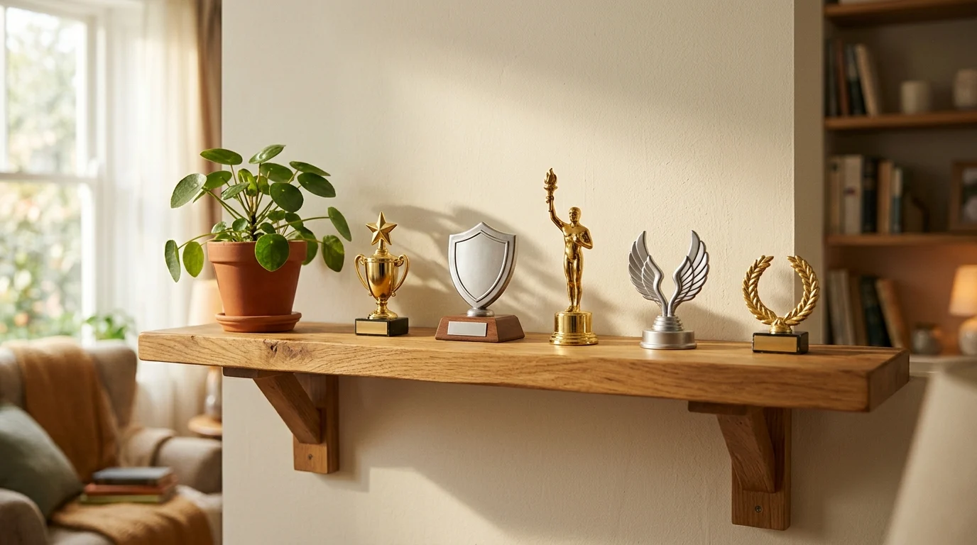 A row of small gold and silver trophies on a sunlit wooden shelf