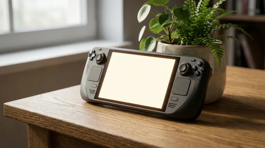 A handheld gaming device with a glowing blank screen on a dark desk