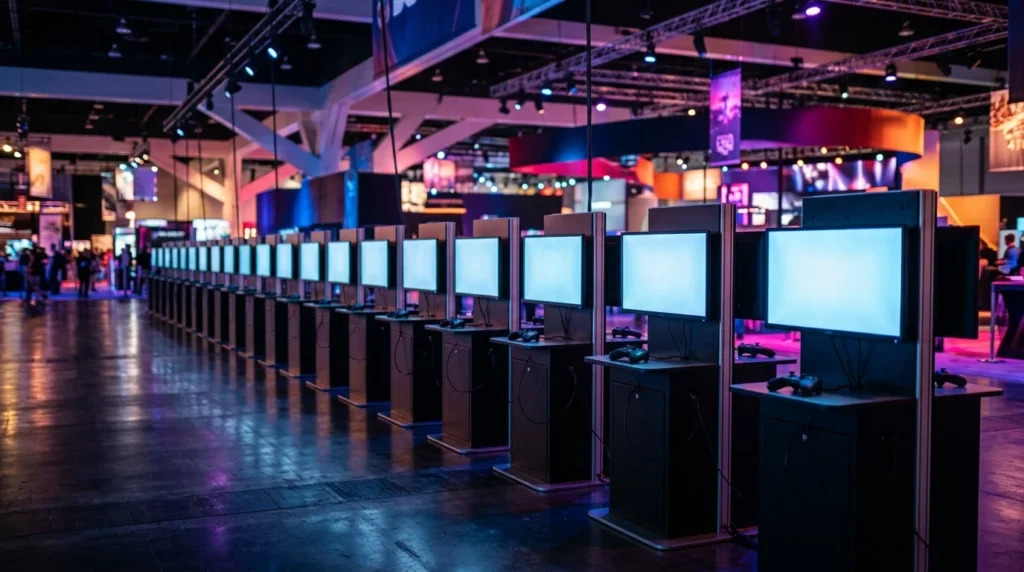 A row of demo kiosks with glowing screens in a dark hall