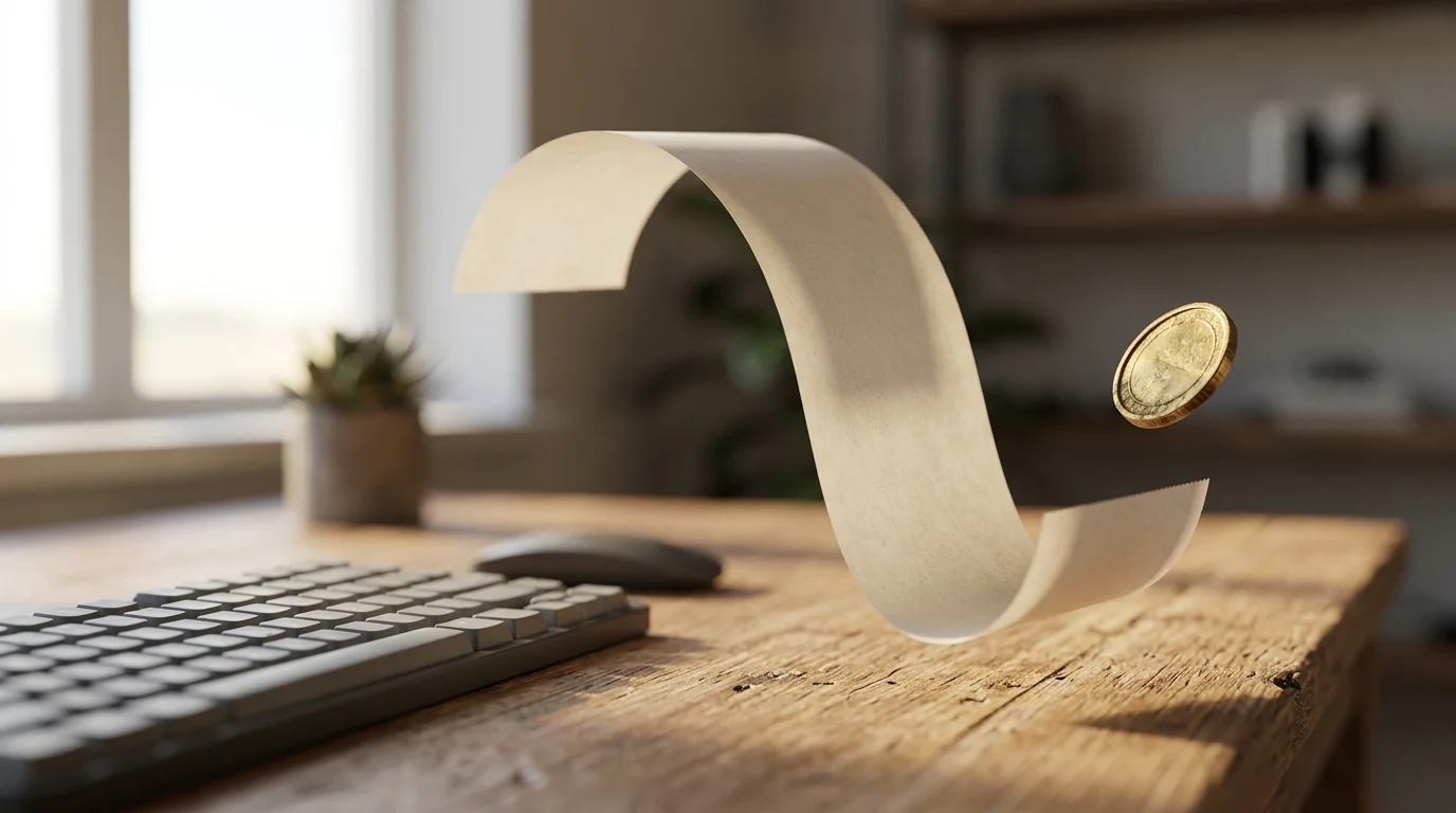 A blank receipt and a coin floating above a dark desk