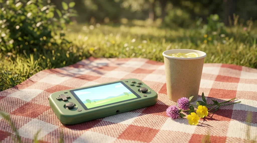 A small handheld console on a picnic blanket in a sunny meadow