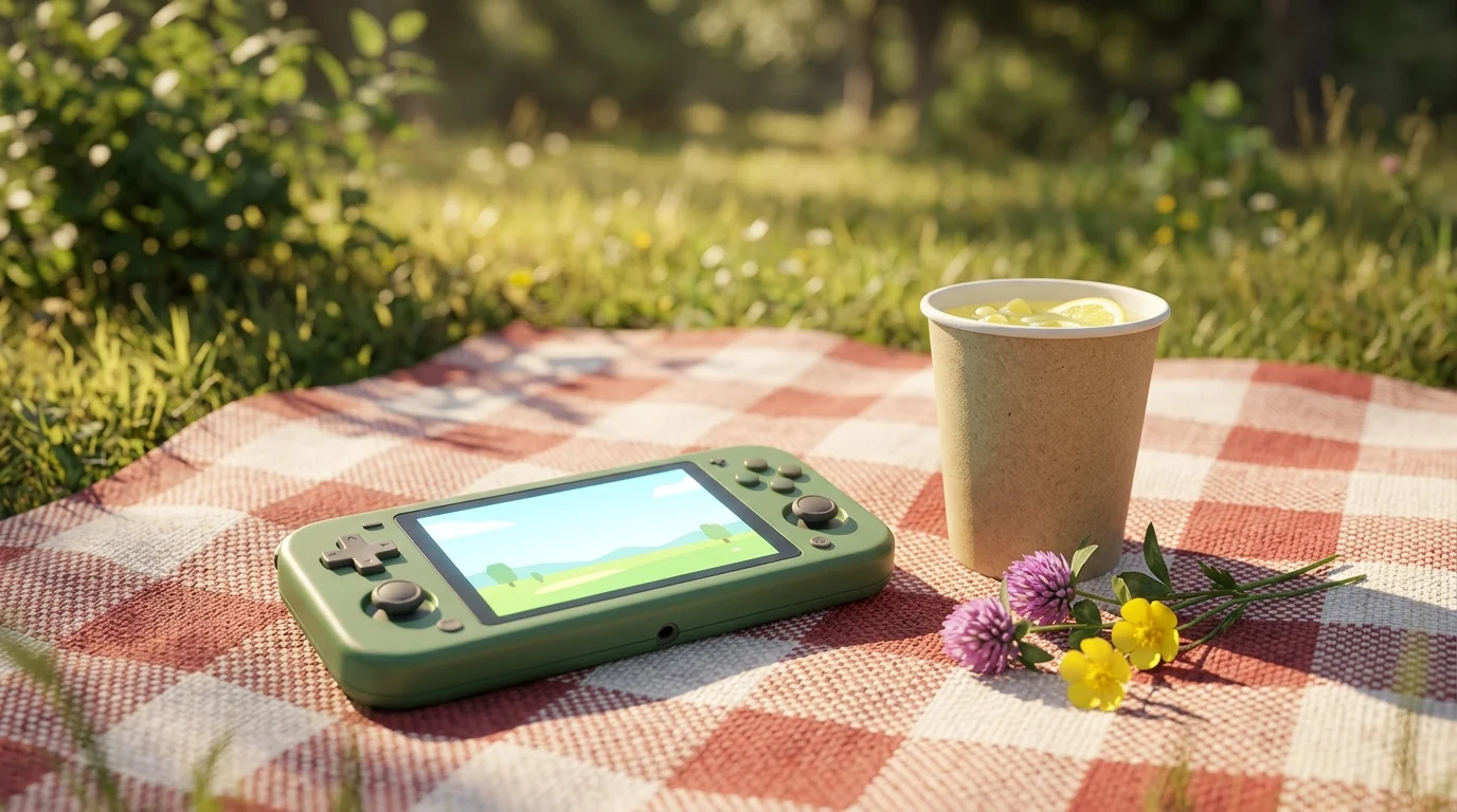 A small handheld console on a picnic blanket in a sunny meadow