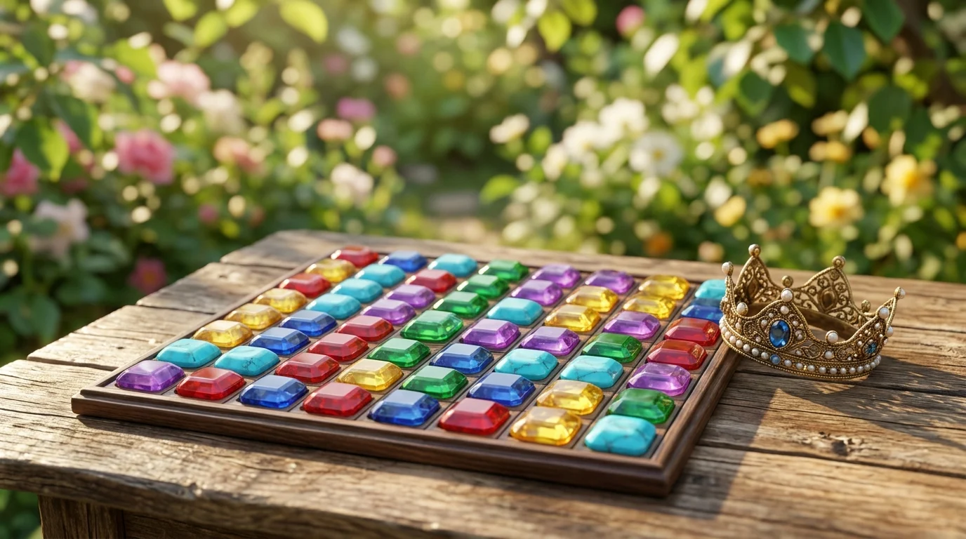 Un tablero de fichas de colores tipo gemas sobre una mesa soleada con una pequeña corona de juguete