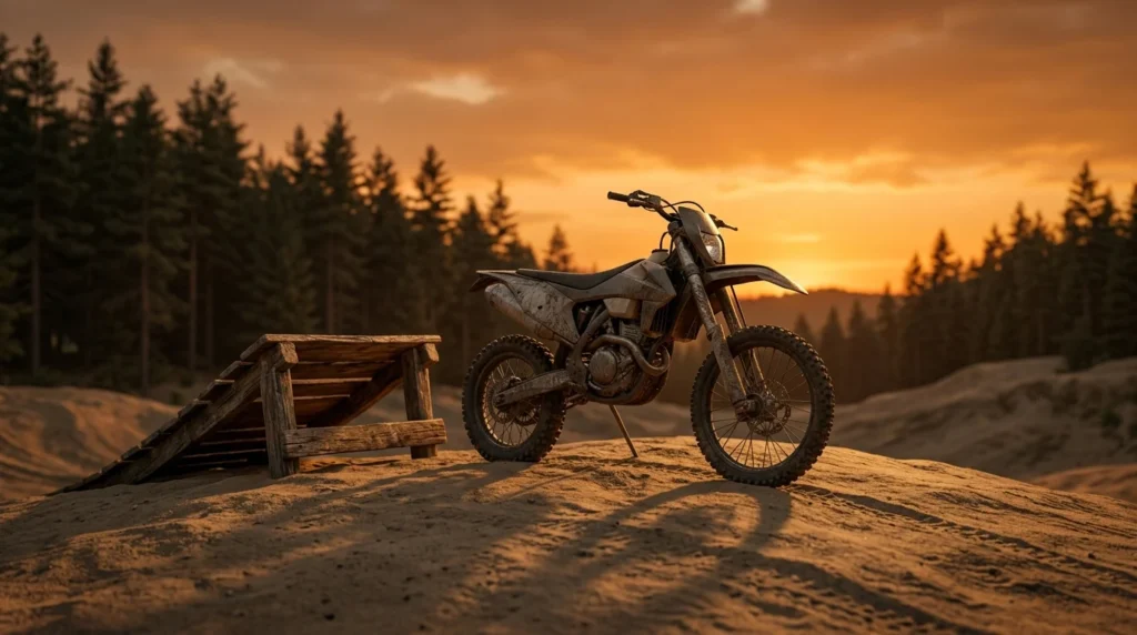 Una moto de cross aparcada sola en una colina de arena al atardecer junto a una rampa de madera