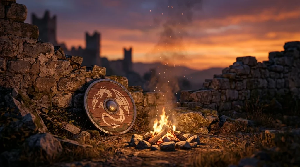 A campfire in the ruins of a stone castle at sunset