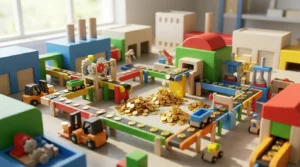 A miniature factory with conveyor belts carrying gold coins
