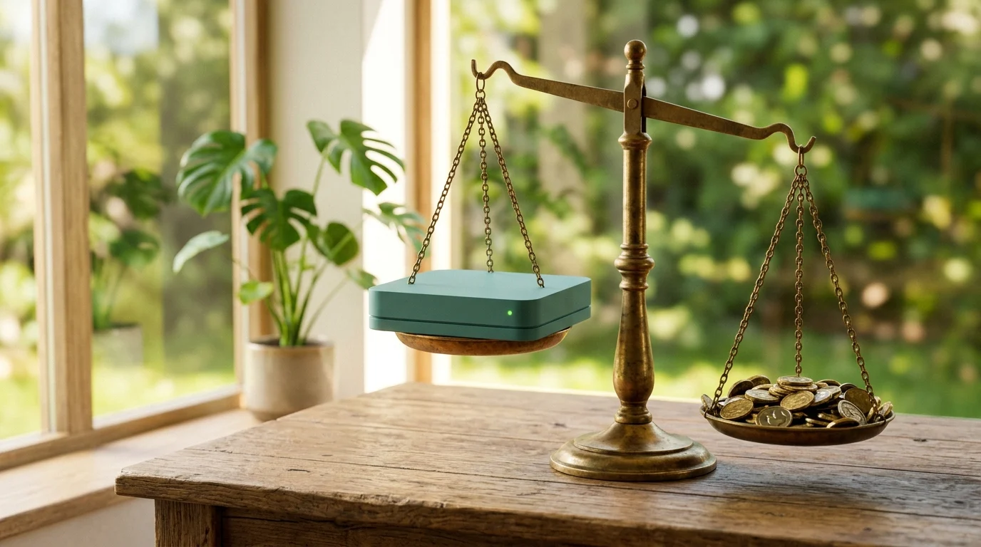A balance scale with a game console on one pan and a pile of gold coins on the other
