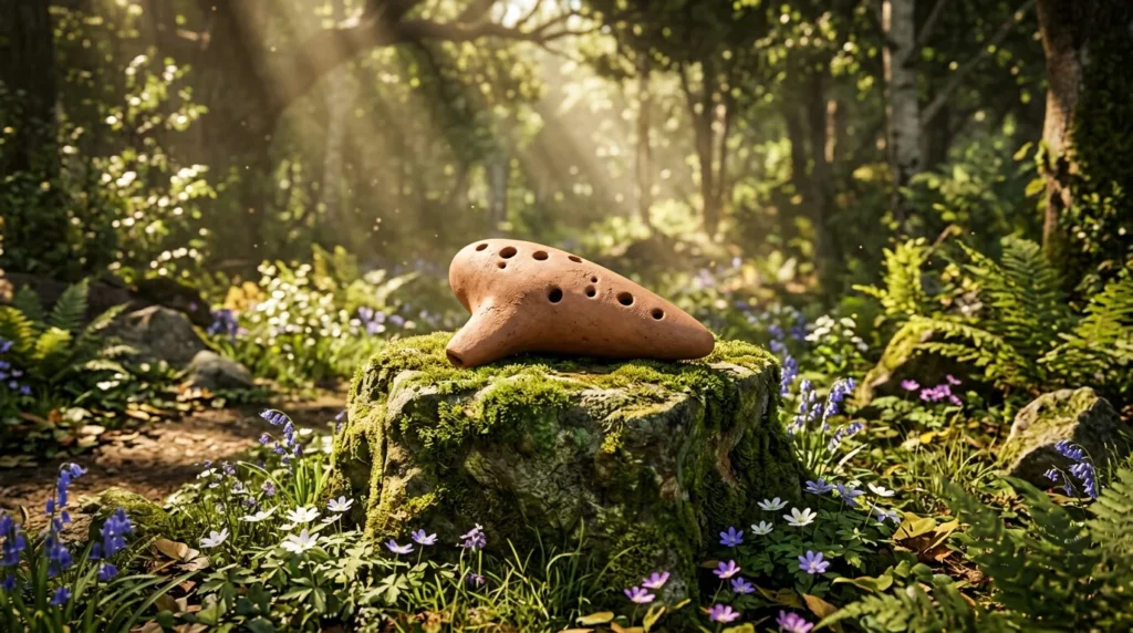 A clay ocarina on a mossy stone pedestal in a sunlit forest
