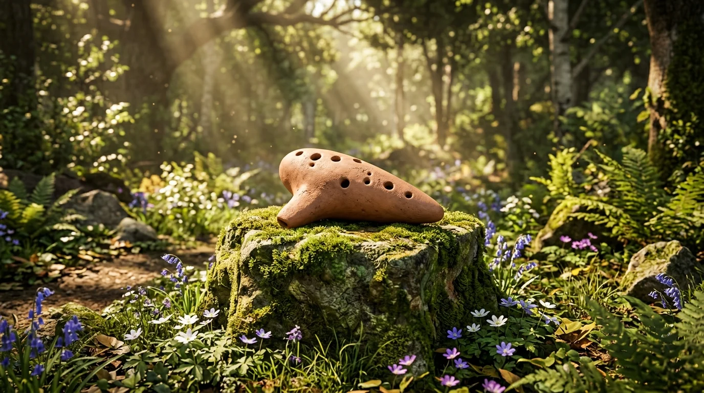 A clay ocarina on a mossy stone pedestal in a sunlit forest